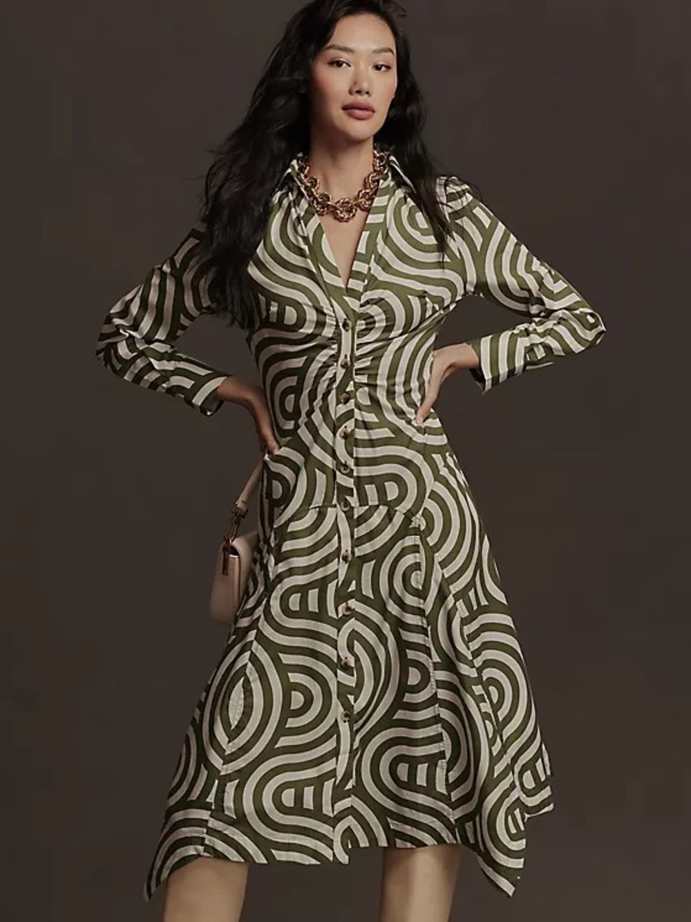 Anthropologie Long-Sleeve Poplin Shirt Asymmetrical Dress Size 12 Green White